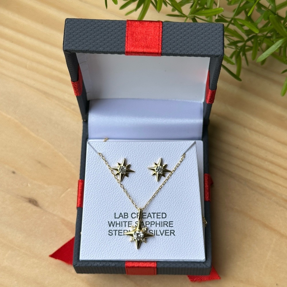 Necklace 18 Inch w Stud Earrings 14K Gold Sterling Silver Star Sapphire Gift Box